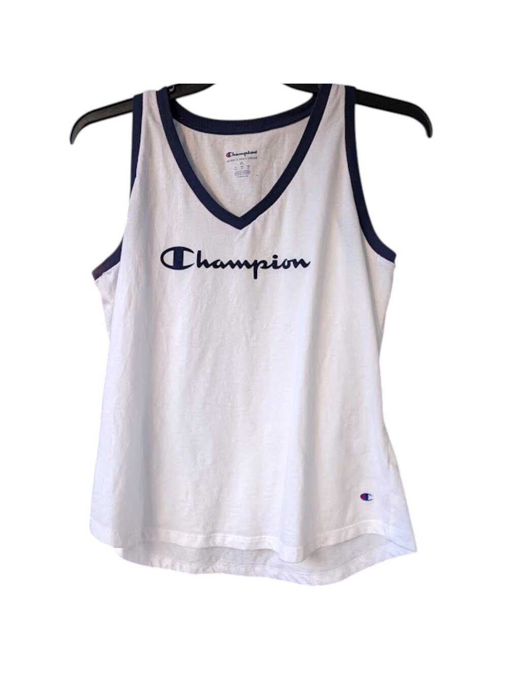 Champion Tank Top Women XL White Navy V-Neck Athletic Cotton Blend 20.5x25.5